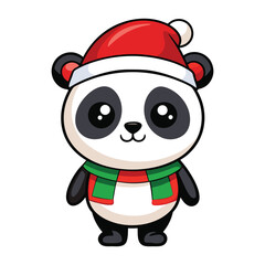Cute Christmas Panda with Santa Hat and Green Scarf Cartoon Illustration, Holiday Panda in Santa Hat 
