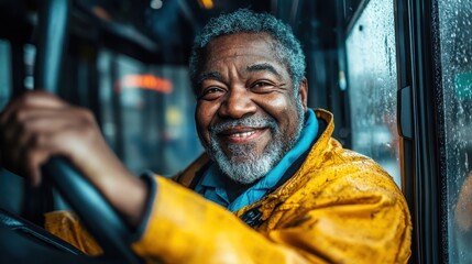 An older gentleman sits inside a vehicle, wearing a yellow jacket, smiling confidently and warmly, conveying contentment, wisdom, and approachability against a rainy backdrop.