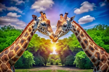 Obraz premium Vintage Style Giraffes Forming Heart Shape in Nature – Perfect for Animal Lovers and Wildlife Photography