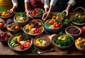 Obraz premium colorful plant based dishes showcasing fresh fruits healthy dietary choices, appetizing, artistic, plates, vegetables, nutrition, meals, ingredients, salads