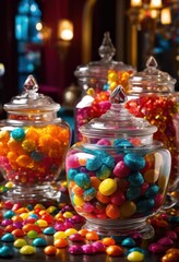 vibrant close various assorted candies displayed elegant crystal jars colorful textures sweet designs, artful, chewy, creamy, decorative, delightful