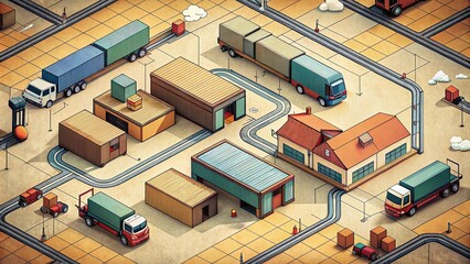 Vintage Style Logistics Isometric Doodle Art for Supply Chain Management, Transportation, and Distribution Concepts
