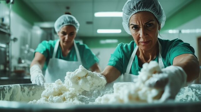 Two dedicated chefs in a bustling industrial kitchen concentrate deeply on cheese production, epitomizing professionalism, culinary skills, and dedication to craft.
