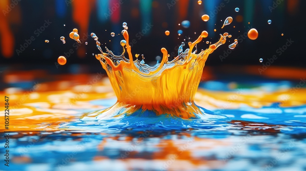 Poster vibrant splash of orange and blue liquid creating dynamic patterns.