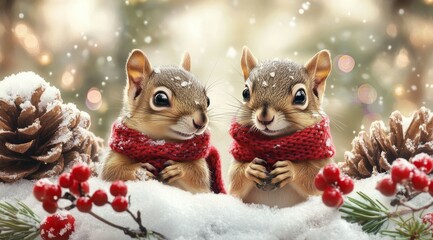 Obraz premium Two adorable baby squirrels in scarves, surrounded by snow, pine cones, red berries, and Christmas decorations