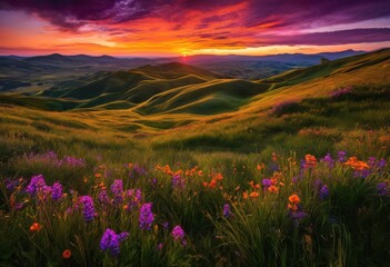 Obraz premium breathtaking vibrant sunset casting rich hues across expanse rolling hills landscape majestic views, colors, sky, clouds, scenery, nature, horizon, evening