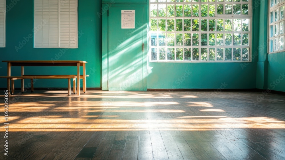 Poster this vibrant classroom is filled with sunlight streaming in through large windows, casting intricate