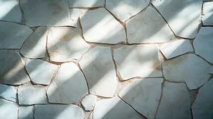 This image showcases a sunlit stone wall, highlighting its unique texture and natural patterns, creating a serene and peaceful atmosphere with soft shadows.