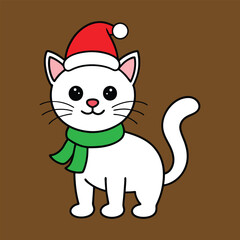 Holiday Cat Illustration in Red Santa Hat and Winter Scarf