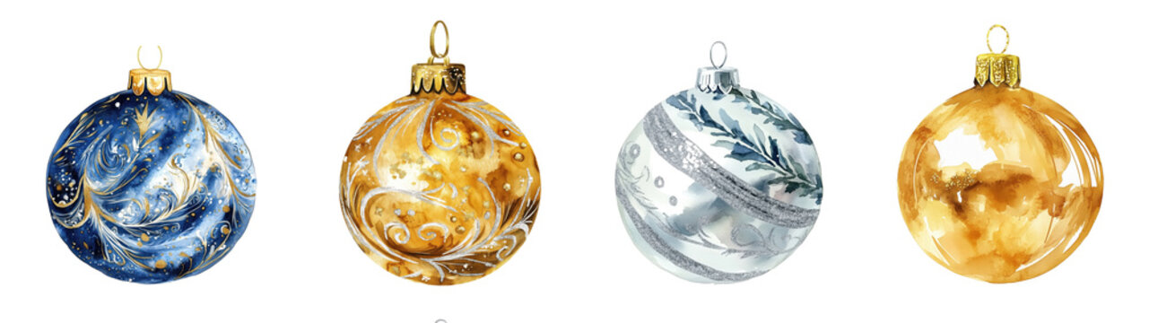 Set of watercolour Christmas tree balls decorations. blue, gold, silver Christma balls, Christmas baubles with ornaments.  on isolated white background 