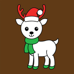 Cute Christmas Reindeer Illustration with Santa Hat and Scarf, White Christmas Cartoon Reindeer with Santa Hat and Scarf