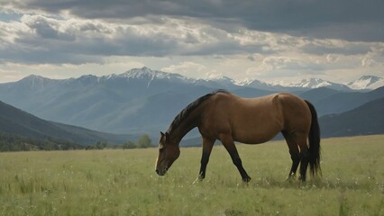 Obraz premium Horse grazing in a field with a mountain backdrop