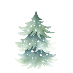 Fototapeta premium Fir tree snow-covered sketch and silhouette. Hand drawn watercolor isolated illustration spruce for Christmas and Happy New Year greeting cards template, sticker, print, festive packaging and designs.