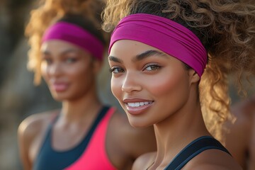 Fototapeta premium Two women in vibrant headbands, one smiling confidently with a magenta headband and curly hair