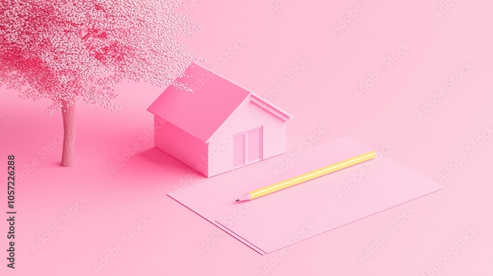 Poster exploring the connection between mortgage contracts and home ownership through a miniature house rep