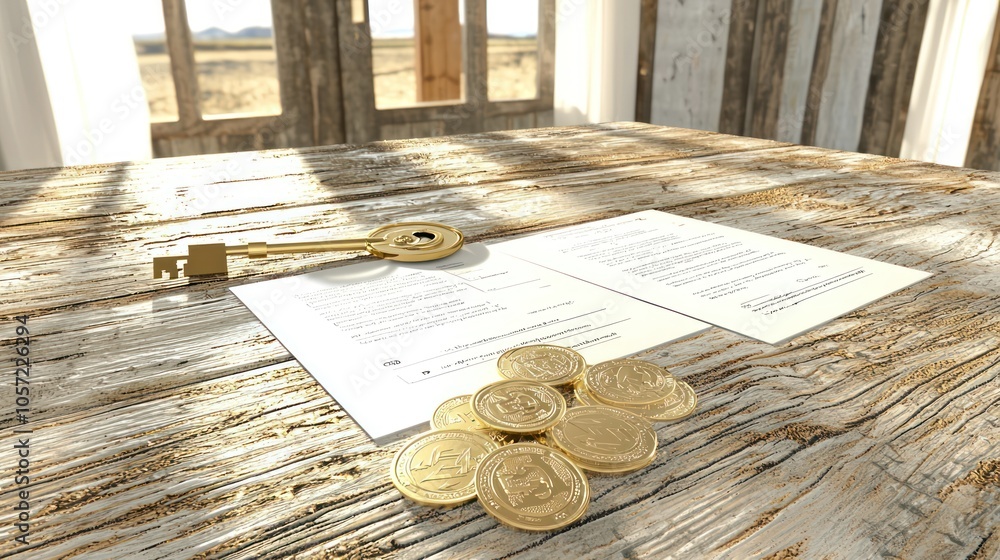 Poster exploring the intersection of property loans contracts and financial assets with keys and coins