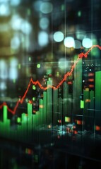 Fototapeta premium Red Line Chart on a Digital Screen with Green Bars and Bokeh Lights