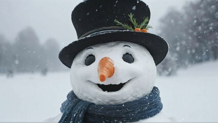 Snowman with a carrot nose and scarf in the snow