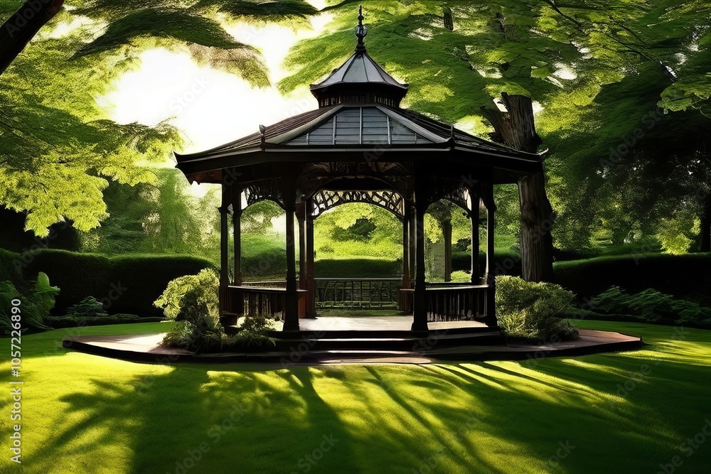 Poster gazebo shadow the hexagonal outline of a gazebo in a garden