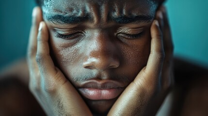 A close-up of a boy with eyes closed, hands on face, deeply contemplating, symbolizing a profound and intense internal emotional journey and human experience.