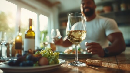 A glass of white wine on a wooden table, surrounded by grapes, with a blurred figure in the background enjoying a meal, bathed in warm sunlight.