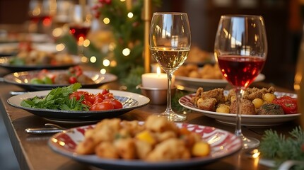 Two elegant champagne flutes filled with chilled ros&eacute; champagne stand amongst scattered red rose petals and glistening red and gold Christmas ornaments.
