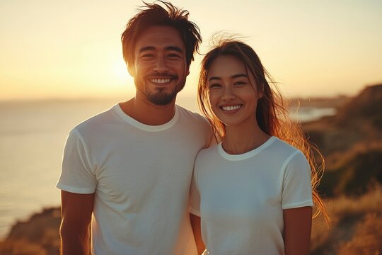 Happy Couple in White Shirts Smiling at Sunset by the Sea