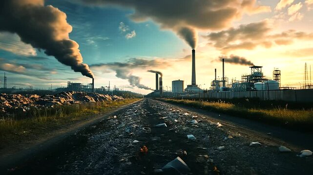 A landfill spewing methane gas into the air, contrasted with a futuristic hydrogen waste treatment plant, where clean energy is generated from waste