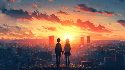 Fototapeta premium Couple holding hands enjoying city view with romantic glow and chill vibe. Relaxed urban romance.