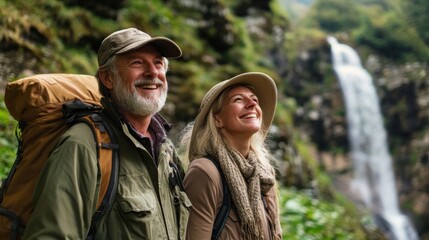 Fototapeta premium Elderly couple exploring mountains with scenic waterfall backdrop, smiling and enjoying nature. Happy seniors exploring nature.