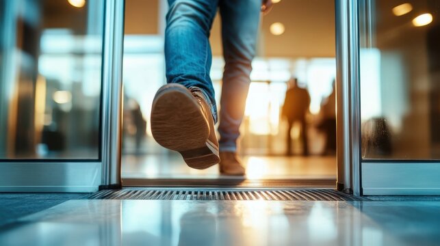 A person wearing jeans strides forward through a sliding glass door into a sunlit room, embodying transition and the promise of new beginnings and opportunities.
