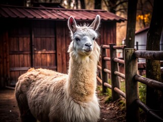 Fototapeta premium Vintage White Llama Portrait Captured at a Farm or Zoo, Llama Looking Directly at the Camera for Animal