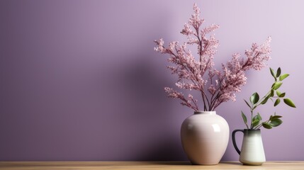 A serene arrangement of pink branches and green leaves in decorative vases against a purple wall.