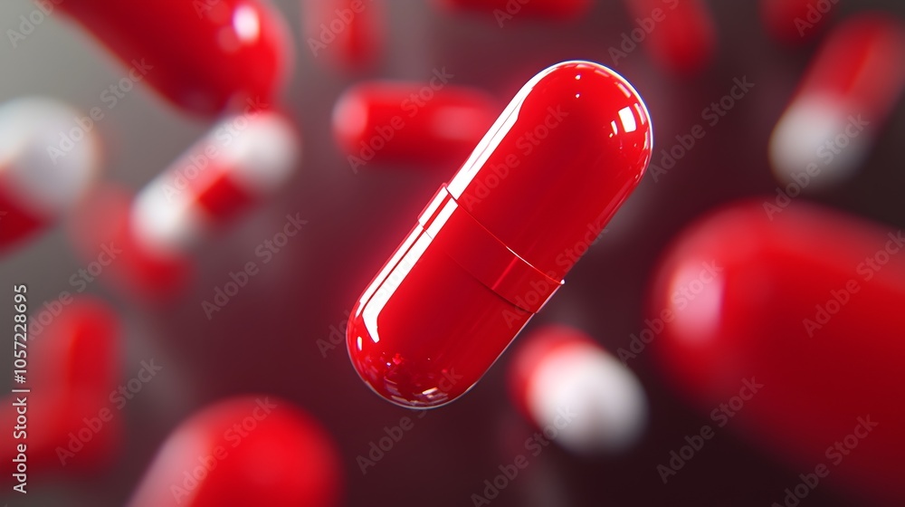 Poster futuristic floating pill with dynamic glow - medical visualization showcasing soft textures and inno