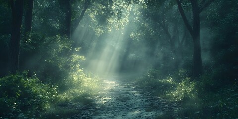 dreamed forest path at dawn A mystical forest path bathed in soft morning light, with wisps of mist floating between the trees.