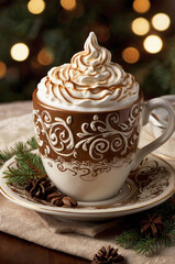 Vintage cup of coffee with cream and cinnamon. Christmas lights and cozy atmosphere
