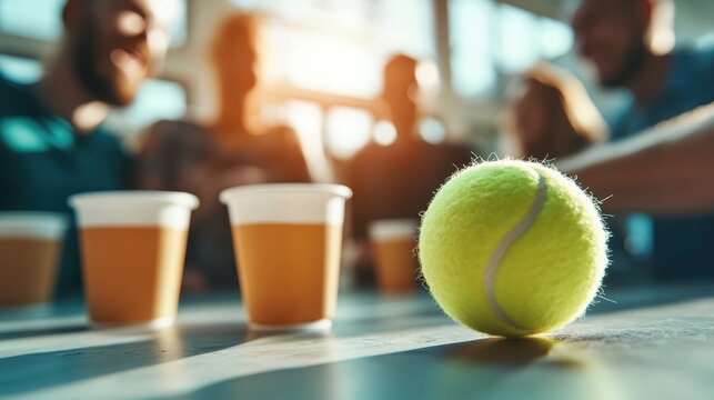 A playful summer party scene is brought to life with a bright yellow tennis ball and several cups of beer sharing space on a sunlit table, vibrant with energy.