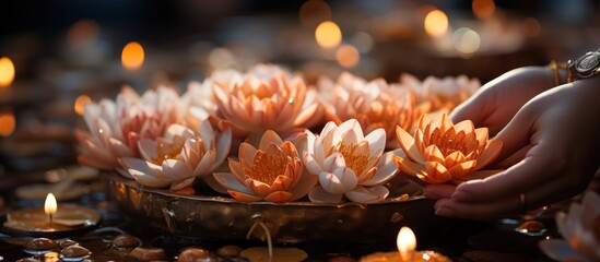 A serene scene of lotus flowers and candles, symbolizing peace and spirituality.