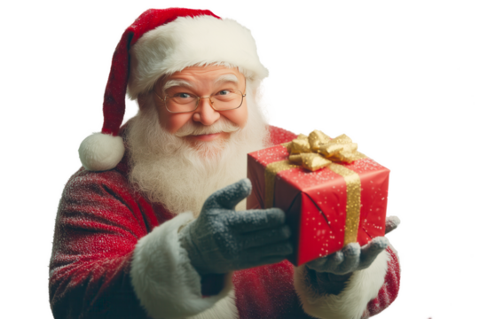 Isolated cut out santa claus handing a gift to the camera on blank background