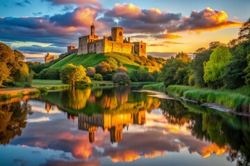 Warkworth Castle Silhouette Reflected in River Coquet at Sunset - Northumberland Landscape Photography