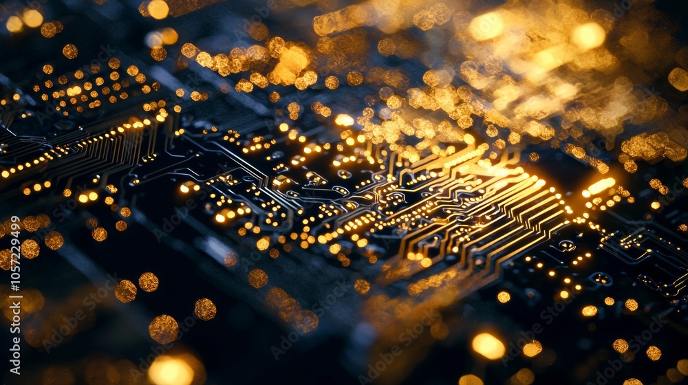 Poster macro circuit board illuminated with golden light