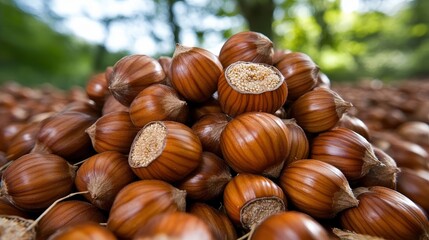 Autumn Hazelnut Harvest  Close Up of Shelled Nuts  Nut Pile  Brown Nut Kernels  Food Photo