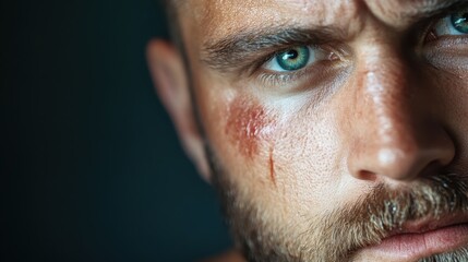Fototapeta premium A close-up image of a man with visible bruises on his face, indicating distress and challenges, capturing an intense and raw emotional state.