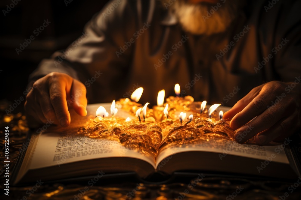 Poster an open book with golden flames emerging from its pages, symbolizing knowledge and transformation.