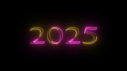 Glowing neon line word of new year 2025 isolated on black  background. Concept of new year beginning, happy celebration with pink and yellow color.