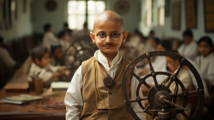 A young boy with a spinning wheel in a classroom setting, symbolizing education and empowerment.