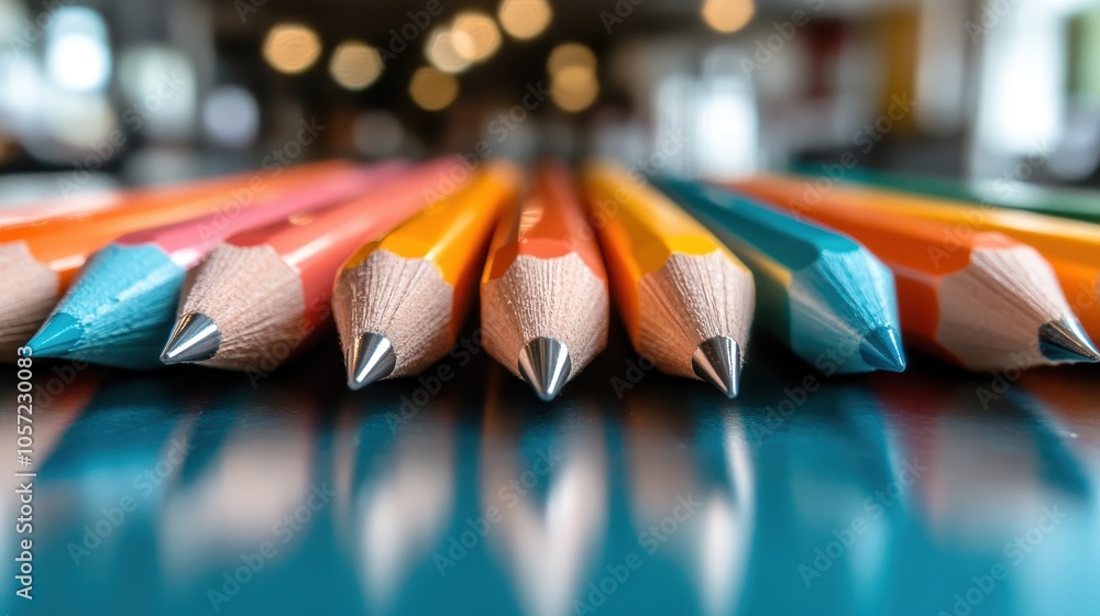 Poster a detailed close-up of sharpened colorful pencils neatly aligned in a row, capturing the precision a