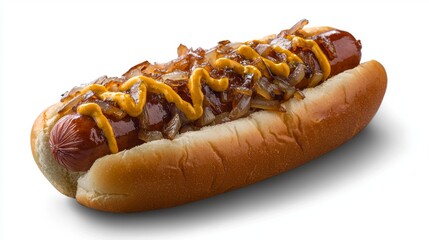 Gourmet Hot Dog with Caramelized Onions - sausage in a toasted bun topped with onions and mustard