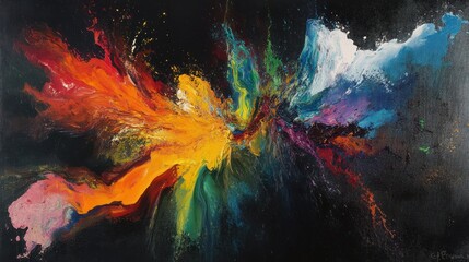 Fototapeta premium Explosion of vibrant colors on a black background, intense contrast between bold hues and the dark backdrop
