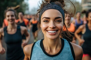 Smiling Female Runner During a Race with Blurry Background of Other Runners